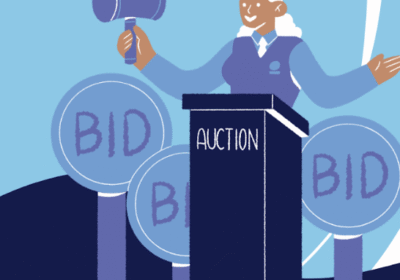 graphic shows a cartoon auctioneer at a podium with bid signs around
